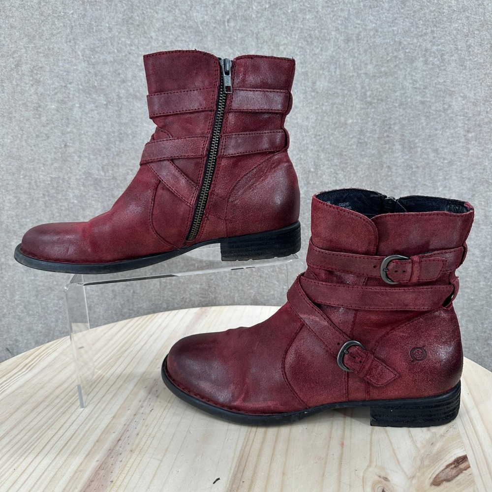 Born Ankle Combat Boot Womens 10M Burgundy Burnished Leather Buckle Straps